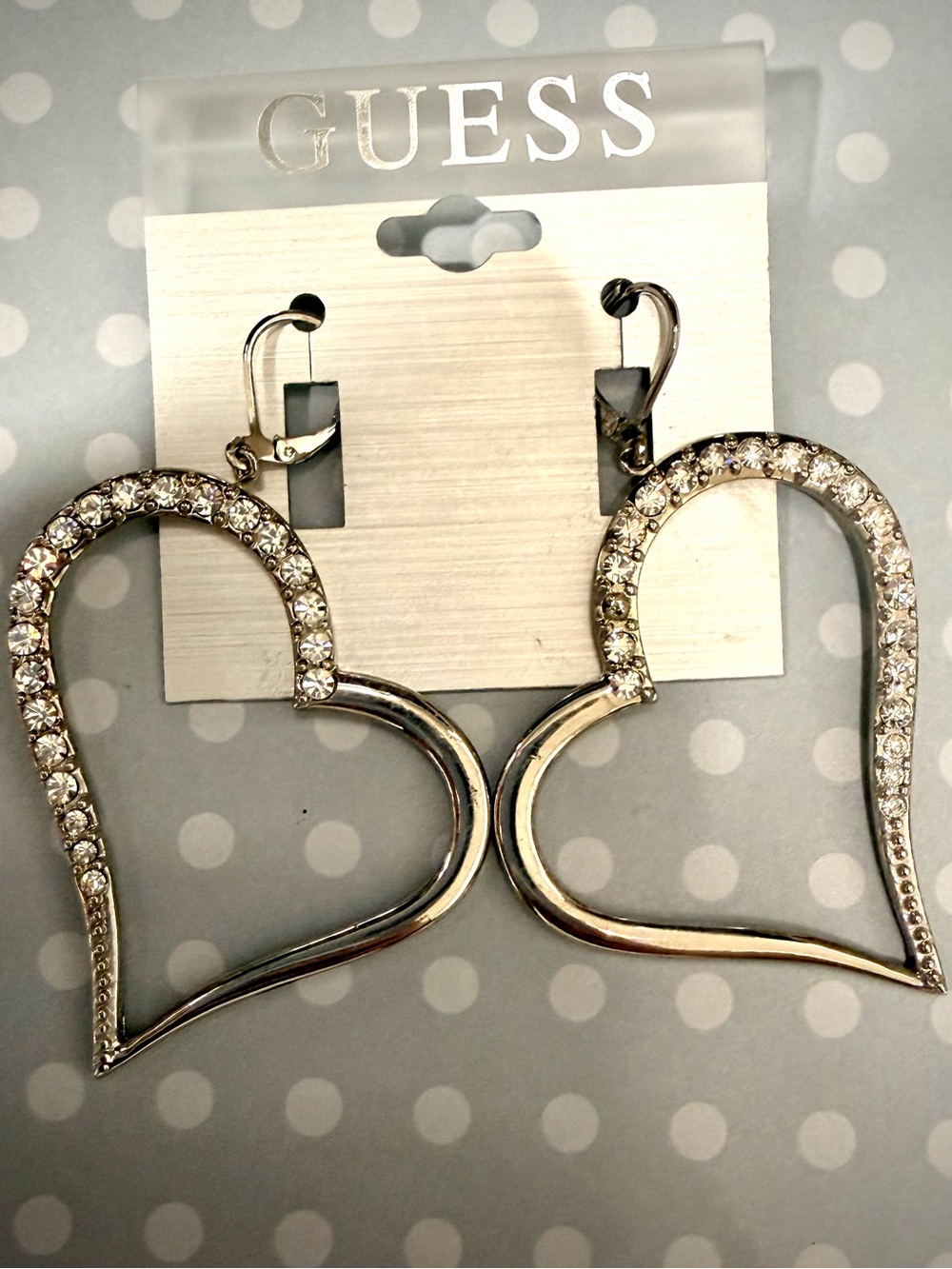 Y2K GUESS Silver Crystal-Embellished Open Heart Drop Earrings